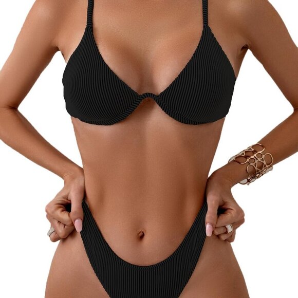 Ribbed Black Triangle Bikini Set — L (Underwire Push-Up, High-Cut Cheeky) 🖤 - Picture 2 of 5